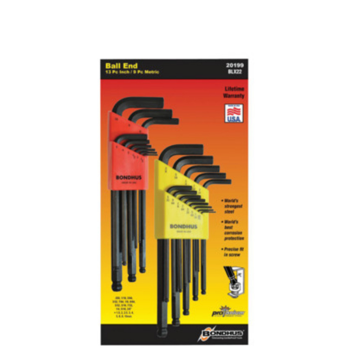BONDHUS BALL END COMBINE METRIC & IMP. HEX KEY SET 22 PC BONDHUS BALL END COMBINE METRIC & IMP. HEX KEY SET 22 PC