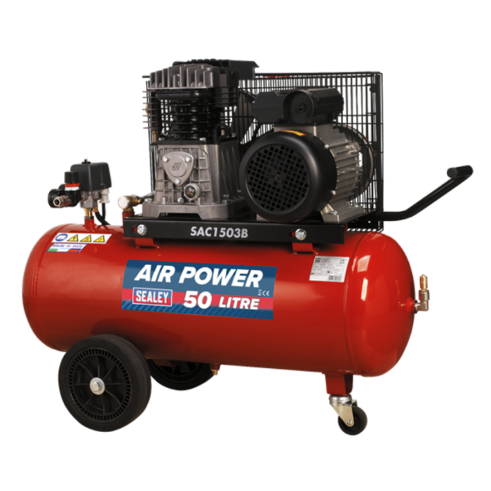 SEALEY BELT DRIVE AIR COMPRESSOR WITH CAST CYLINDERS AND WHEELS 50L 230V 3HP SEALEY BELT DRIVE AIR COMPRESSOR WITH CAST CYLINDERS AND WHEELS 50L 230V 3HP