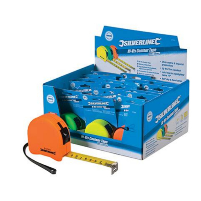 SILVERLINE HI-VIS CONTOUR TAPE DISPLAY BOX 5M 21PC SILVERLINE HI-VIS CONTOUR TAPE DISPLAY BOX 5M 21PC